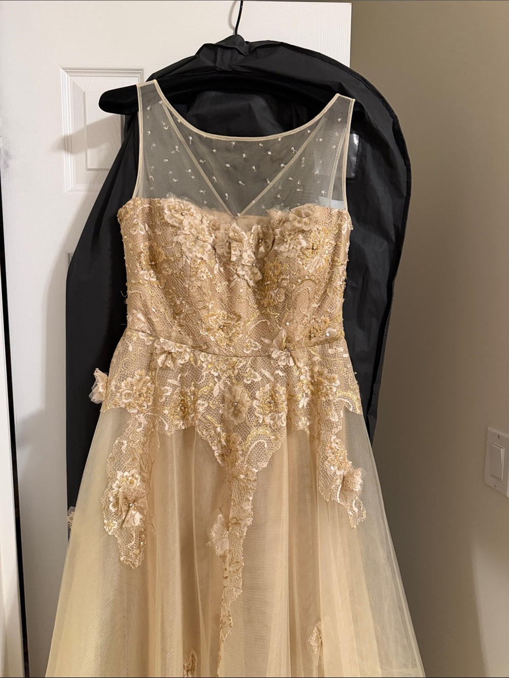 Rickie Freeman for Teri Jon Gold Illusion Neckline Lace Appliqué Wedding Dress